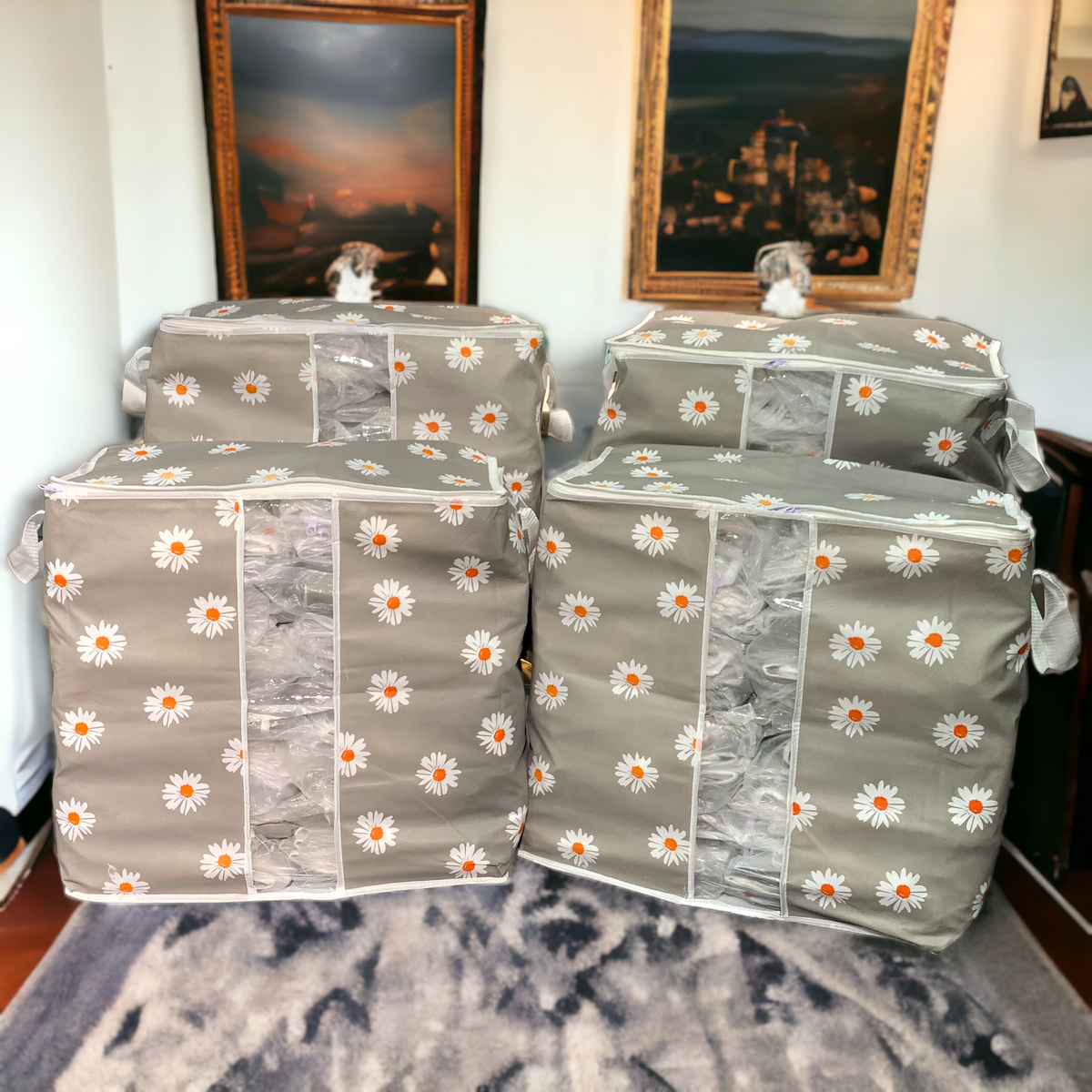 110GSM Cloth Storage Bag 1 Pc (Grey Flower)