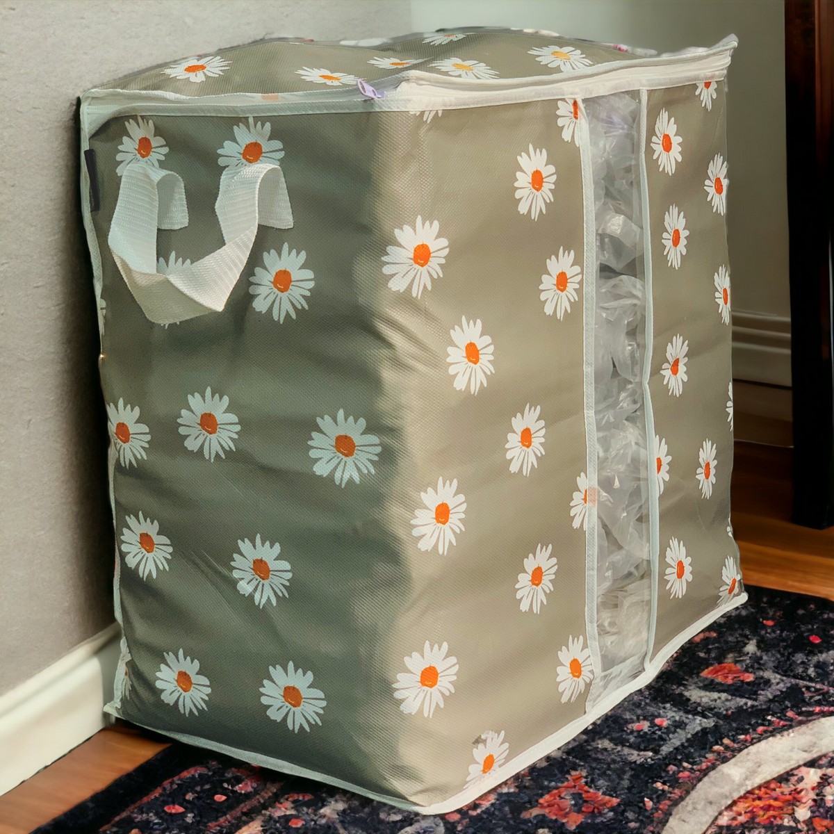110GSM Cloth Storage Bag 1 Pc (Grey Flower)